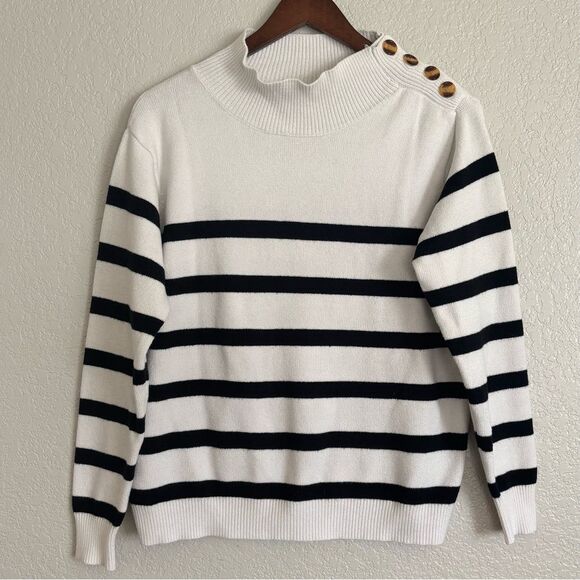 Buttoned High Mock Neck Striped Black and White Sweater Size Medium - Picture 1 of 7